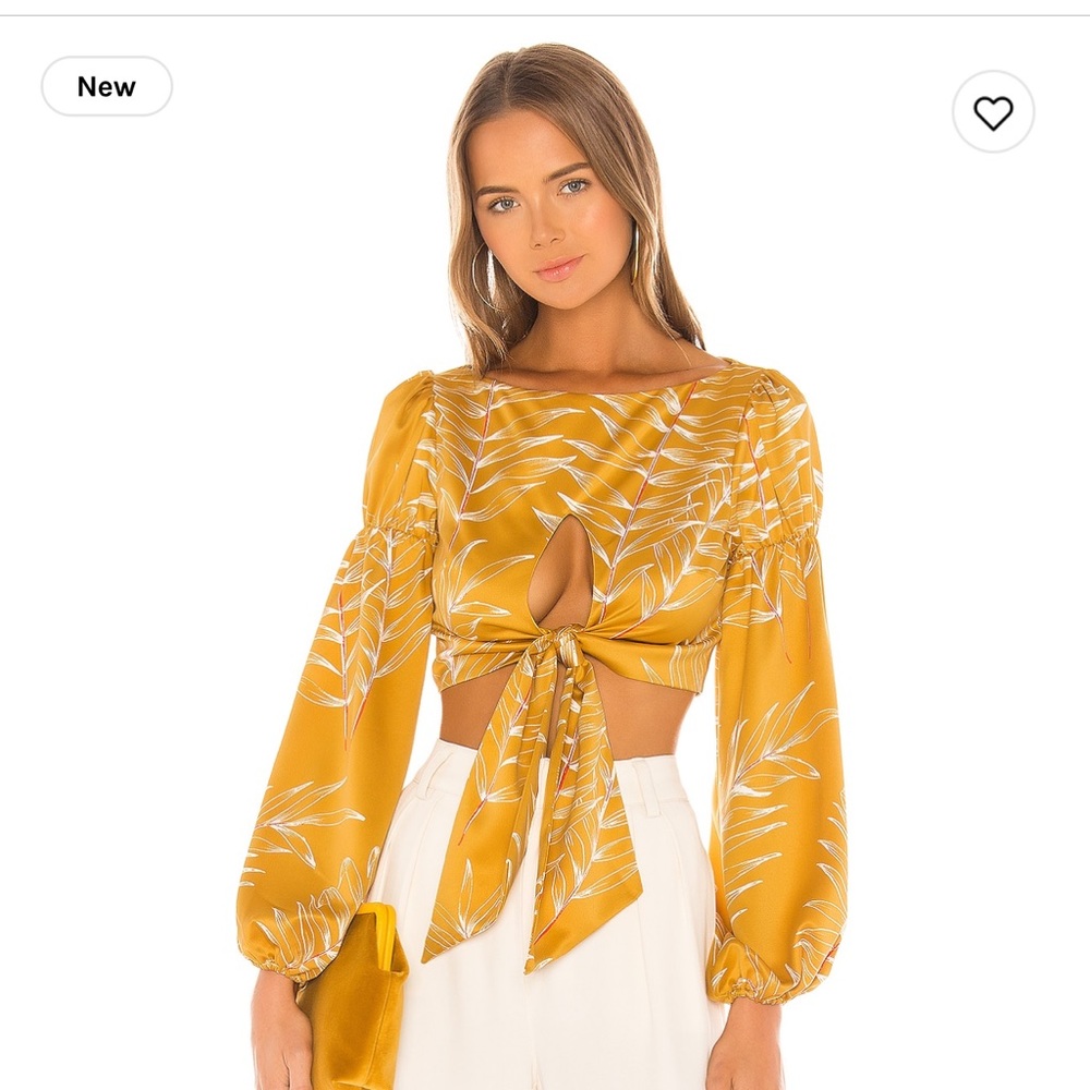 Camila Coelho Mustard Yellow Leaf Print Tie-Front Crop Top